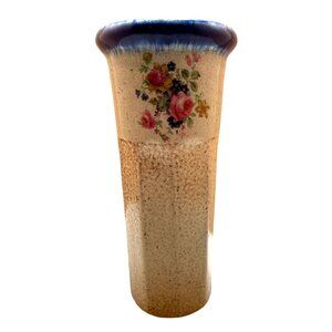 Handcrafted Ceramic Vase With Floral Print & Blue Rim 7 Inches